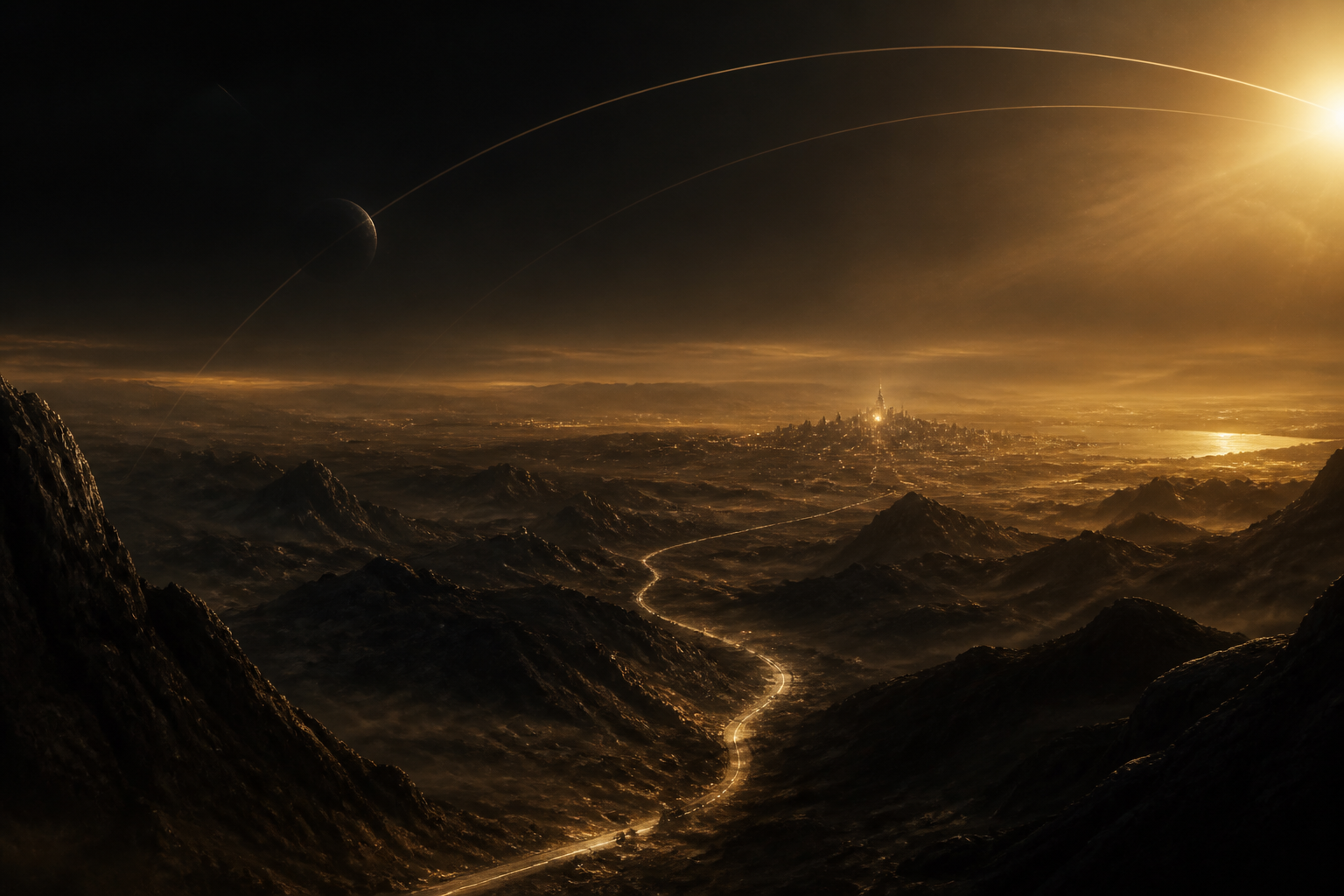 A systemic Venriol game world — a trade route winding toward a distant settlement beneath orbital arcs